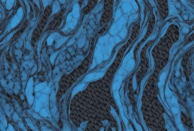 The primary subject of the image is a blue and white patterned surface, which appears to be a textured or woven material. The setting is a dark background, which contrasts with the blue and white pattern. The visual style of the image is a combination of digital art and illustration, creating a unique and intricate design. The colors and mood of the image are predominantly blue and white, giving it a calm and serene atmosphere.