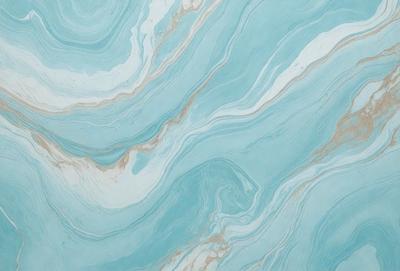 The primary subject of the image is a blue and white marbled wallpaper with a swirling pattern. The setting is a bathroom, and the visual style is a photo. The dominant colors are blue and white, creating a calm and soothing atmosphere.