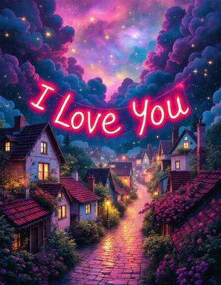The primary subject of the image is a heart-shaped sign that reads "I Love You." The setting is a village with houses and a street. The visual style is digital art, and the colors are predominantly pink and purple, creating a warm and romantic atmosphere.