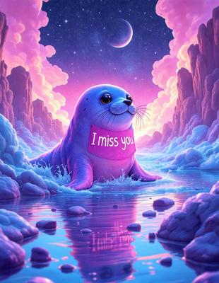 The primary subject of the image is a pink and purple seal, which is wearing a pink sign that says "I miss you." The seal is sitting in a body of water, which appears to be a lake. The setting is a beautiful, colorful, and surreal environment, with a purple sky and a pink and purple background. The visual style of the image is a digital art or illustration, with a vibrant and whimsical atmosphere. The colors and mood of the image