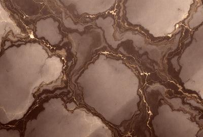 The primary subject of the image is a marble surface with a pattern of circles. The setting is a room with a brown marble wall, and the visual style is a close-up of the marble surface. The dominant colors are brown and gold, giving the marble a warm and luxurious appearance.
