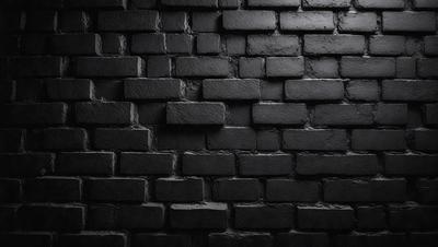 The primary subject of the image is a black brick wall. The setting is a dark room, and the visual style is a black and white photo. The dominant colors are black and white, creating a moody atmosphere.