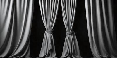 The primary subject of the image is a pair of curtains, which are the main objects in the scene. The curtains are hanging from a rod, and they are positioned in front of a black background. The visual style of the image is a black and white photo, which gives it a classic and timeless appearance. The colors and mood of the image are predominantly black and white, creating a sense of elegance and sophistication.