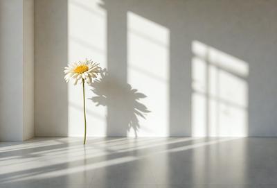 The primary subject of the image is a single white flower, which is placed on a white surface. The setting is a room with a window, and the visual style appears to be a photo. The dominant colors in the image are white, which creates a clean and minimalist atmosphere.
