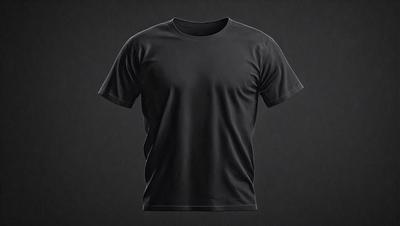 The primary subject of the image is a black t-shirt. The setting is a dark background, which contrasts with the black t-shirt. The visual style is a simple, flat design, with no intricate details or textures. The colors and mood of the image are predominantly dark, with the black t-shirt being the main focus.