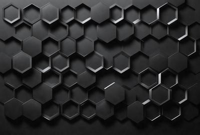 The primary subject of the image is a black and white patterned wall. The setting is a dark room, and the visual style is a close-up of the patterned wall. The dominant colors are black and white, creating a moody atmosphere.