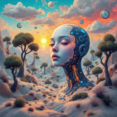 The primary subject of the image is a woman's face, which is depicted in a digital art style. The setting is a desert landscape with a backdrop of a sunset. The visual style is a combination of digital art and illustration, creating a unique and intriguing image. The colors in the image are predominantly warm and earthy tones, which contribute to the overall mood of the scene.