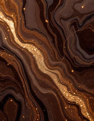 The primary subject of the image is a close-up of a marble surface with a pattern of glittering gold and brown colors. The setting is a dark room, and the visual style appears to be a combination of a photo and digital art. The colors and mood of the image are rich and luxurious, with the gold and brown hues creating a sense of sophistication and elegance.