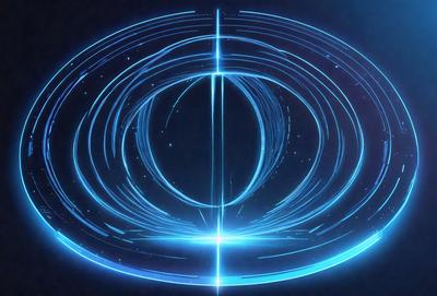 The primary subject of the image is a blue circle with a light shining through it. The setting is a dark background, and the visual style appears to be a digital art or illustration. The dominant colors are blue and white, creating a calm and serene atmosphere.