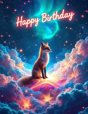 The primary subject of the image is a fox sitting on a star. The setting is a colorful, cloudy sky, and the visual style is digital art. The dominant colors are pink, blue, and purple, creating a warm and vibrant atmosphere.