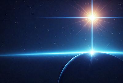 The primary subject of the image is a blue planet, which is the main focus of the scene. The setting is a dark, starry sky, with the planet being the only visible object. The visual style is a digital art or illustration, creating a sense of depth and space. The colors are predominantly blue, with the starry sky adding a sense of mystery and wonder to the scene.