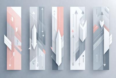The image features a series of four white, gray, and pink triangles arranged in a row. The triangles are made of paper and are placed on a gray surface. The primary subject of the image is the arrangement of these triangles, which create a visually appealing pattern. The setting is minimalistic, with the focus on the triangles and their design. The visual style is a combination of digital art and paper craft, giving the image a unique and creative appearance. The colors and mood of the image are predomin