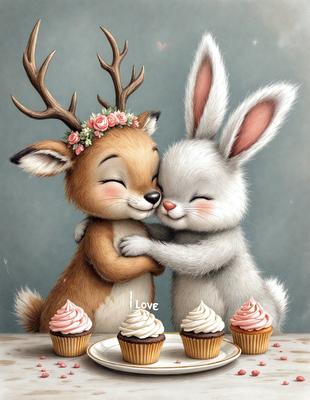 The primary subject of the image is a painting of two bunnies, one with a flower crown and the other with a bow, hugging each other. The setting is a table with a plate of cupcakes in front of them. The visual style is an illustration, and the colors and mood are warm and inviting.