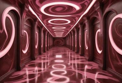 The primary subject of the image is a long, narrow hallway with a pink lighting effect. The hallway is lined with arched doorways, and the walls are adorned with a pattern of circles. The setting is a dark, underground space, and the visual style is a combination of photo and digital art. The dominant colors are pink and red, creating a warm and inviting atmosphere.