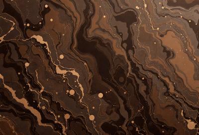 The primary subject of the image is a close-up of a marble surface with a pattern of gold dots. The setting is a dark room, and the visual style appears to be a combination of a photo and a digital artwork. The colors and mood of the image are predominantly dark, with the gold dots providing a contrasting element of warmth and sophistication.