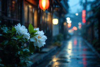 The primary subject of the image is a white flower with green leaves, which is sitting in a vase. The setting is a rainy street with a building in the background. The visual style is a photo, and the dominant colors are white and green, creating a calm and serene atmosphere.