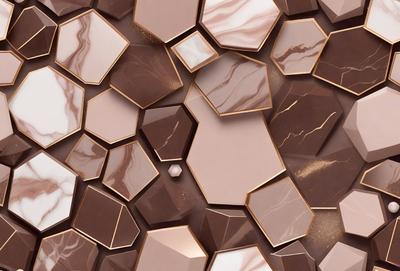The primary subject of the image is a close-up of a marble tile pattern. The setting is a marble wall, and the visual style is a combination of photo and digital art. The dominant colors are brown and beige, creating a warm and natural atmosphere.