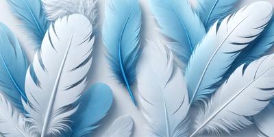 The primary subject of the image is a collection of white and blue feathers. The feathers are arranged in various positions, creating a visually appealing and artistic display. The setting is a white background, which provides a clean and uncluttered environment for the feathers to stand out. The visual style of the image is a combination of photo and digital art, as it captures the intricate details of the feathers while maintaining a sense of realism. The colors and mood of the image are predominantly white