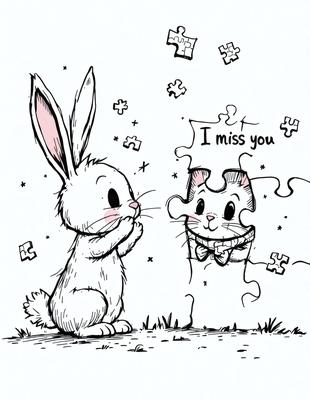 The primary subject of the image is a cute cartoon bunny character. The setting is a grassy field, and the visual style is a hand-drawn illustration. The colors are predominantly pastel, creating a warm and friendly atmosphere. The bunny character is interacting with a cat character, which is also a part of the illustration.