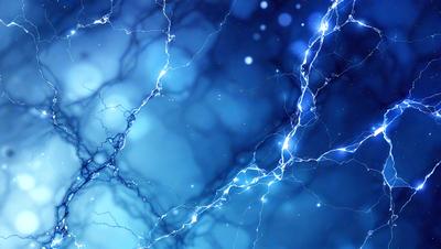 The primary subject of the image is a blue background with a pattern of lightning bolts. The setting appears to be a futuristic or space-themed environment. The visual style is a combination of digital art and illustration, creating a unique and captivating scene. The dominant colors are blue and white, with the lightning bolts adding a touch of yellow. The overall atmosphere is one of energy and movement, as the lightning bolts create a sense of motion and dynamism.
