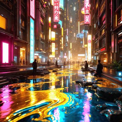 The primary subject of the image is a futuristic cityscape with a large body of water, possibly a river, flowing through the streets. The setting includes tall buildings, neon lights, and a variety of people walking around. The visual style appears to be a combination of photo and digital art, creating a vibrant and dynamic atmosphere. The colors and mood of the scene are predominantly pink, blue, and yellow, giving it a unique and captivating appearance.