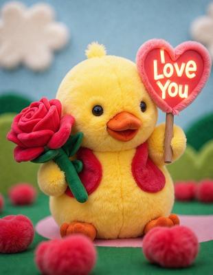 The primary subject of the image is a stuffed yellow bird holding a red rose. The bird is wearing a red vest and is standing on a pink surface. The setting appears to be a playful and whimsical environment, possibly a child's room or a display. The visual style is a combination of a photo and digital art, creating a unique and charming appearance. The colors and mood of the image are predominantly pink and red, evoking a sense of warmth and affection.