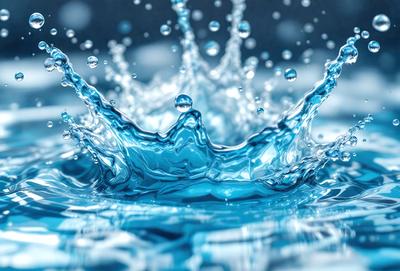 The primary subject of the image is a blue crown, which is a water droplet. The setting is a blue background, and the visual style is a close-up of the crown. The colors and mood of the image are predominantly blue, creating a calm and serene atmosphere.