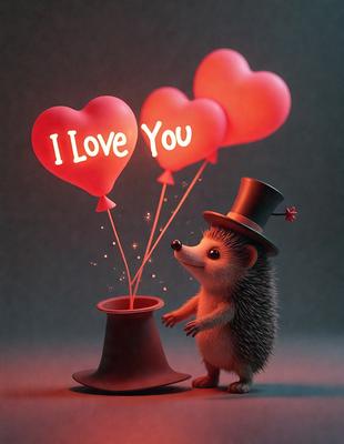 The primary subject of the image is a small hedgehog wearing a top hat and holding a balloon. The setting is a dark room, and the visual style is a digital art illustration. The dominant colors are red and pink, creating a warm and playful atmosphere.