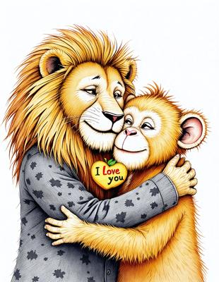 Lion, Monkey, I Love You, Apple, Hugging, Love, Animals, Drawing, Illustration, White, Orange, Gray, Black, Red, Yellow, White, Orange, Gray, Black, Red, Yellow, White, Orange, Gray, Black, Red, Yellow, White, Orange, Gray, Black, Red, Yellow, White, Orange, Gray, Black, Red, Yellow, White, Orange, Gray, Black, Red, Yellow, White, Orange, Gray,