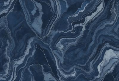 The primary subject of the image is a close-up of a blue marble tile with a pattern of swirls and grooves. The setting is a wall, and the visual style is a photo. The dominant colors are blue and gray, creating a calm and soothing atmosphere.