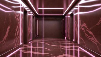 The primary subject of the image is a hallway with a marble floor. The setting is a dark room with a pink glow, creating a unique atmosphere. The visual style is a combination of a photo and digital art, giving the scene a surreal and artistic appearance. The colors and mood are predominantly pink, which adds a sense of warmth and intrigue to the scene.