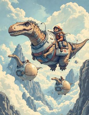 Primary subject: Dinosaur with a person riding on its back.
Setting/background: A cloudy sky.
Visual style: Digital art.
Colors and mood: The image is colorful and has a whimsical, playful atmosphere.