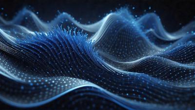 The primary subject of the image is a blue, swirling, and wavy pattern. The setting is a dark background, which contrasts with the blue pattern. The visual style is a digital art or illustration, as the pattern appears to be a computer-generated or hand-drawn design. The colors and mood of the image are predominantly blue, creating a sense of depth and tranquility.