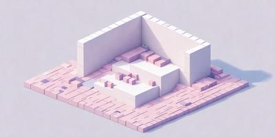 The primary subject of the image is a large white building with a pink brick-like texture. The building is surrounded by a pink brick-like surface, giving it a unique and interesting appearance. The setting appears to be a white room with a pink brick-like texture, which adds a sense of depth and intrigue to the scene. The visual style of the image is a combination of digital art and illustration, creating a captivating and visually appealing composition. The colors and mood of the image are predomin