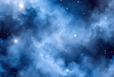 The primary subject of the image is a blue, cloudy sky filled with stars. The setting is a nighttime sky, with the stars shining brightly against the dark background. The visual style is a combination of a photo and digital art, creating a unique and captivating representation of the night sky. The colors and mood of the image are predominantly blue and serene, evoking a sense of wonder and tranquility.