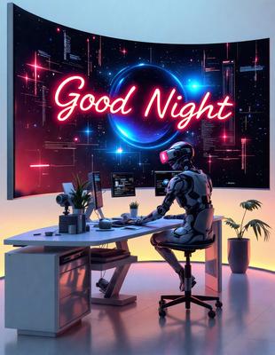 The primary subject of the image is a robot sitting at a desk, working on a computer. The robot is wearing a suit and appears to be a futuristic character. The setting is a room with a desk, a computer, and a potted plant. The visual style is a combination of digital art and illustration, creating a unique and interesting scene. The colors and mood of the image are predominantly blue and white, giving it a calm and futuristic atmosphere.