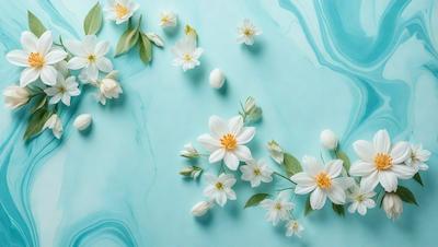 The primary subject of the image is a bouquet of white flowers, which are arranged in a visually appealing manner. The flowers are placed on a blue surface, which adds a vibrant and contrasting color to the scene. The visual style of the image is a close-up of the flowers, showcasing their details and beauty. The colors and mood of the image are predominantly white and blue, creating a serene and calming atmosphere.