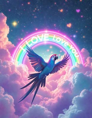 The primary subject of the image is a colorful parrot, which is the main focus of the scene. The parrot is flying through a pink and blue cloudy sky, creating a vibrant and lively atmosphere. The visual style of the image is digital art, as it appears to be a computer-generated or digitally painted scene. The colors and mood of the image are predominantly pink and blue, giving it a cheerful and uplifting feel.