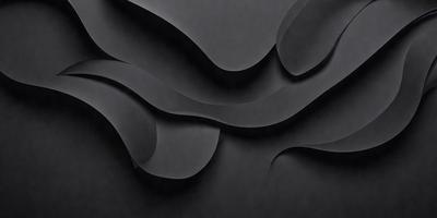The primary subject of the image is a black wall with a pattern of curved shapes. The setting is a dark room, and the visual style appears to be a combination of a photo and digital art. The dominant colors are black and grey, creating a moody atmosphere.