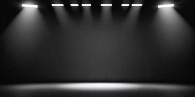 The primary subject of the image is a black background with a row of lights shining on it. The setting is a dark room, and the visual style is a black and white photo. The dominant colors are black and white, and the overall atmosphere is dramatic and moody.