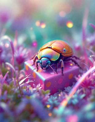The primary subject of the image is a colorful, rainbow-colored beetle, which is sitting on top of a pink square. The setting is a field with purple flowers, creating a vibrant and lively atmosphere. The visual style of the image is a combination of photo and digital art, giving it a unique and eye-catching appearance. The colors and mood of the image are predominantly bright and cheerful, with the beetle's vivid colors and the purple flowers adding