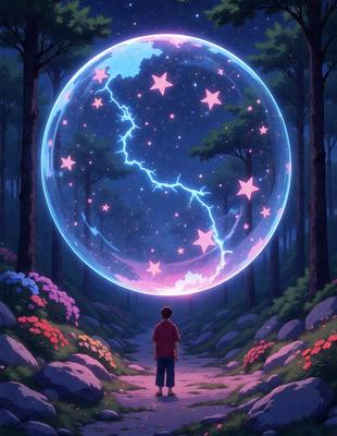 The primary subject of the image is a person standing in a forest, looking up at a large, glowing, blue and pink sphere. The setting is a forest with trees surrounding the person. The visual style is a digital art or illustration, creating a surreal and dreamy atmosphere. The colors and mood are predominantly blue and pink, with a hint of green from the trees, giving the scene a serene and magical quality.