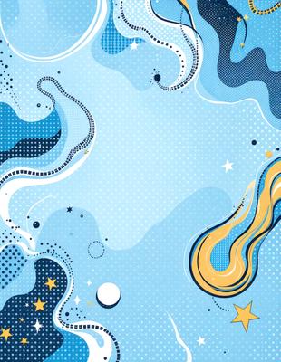 The primary subject of the image is a blue and yellow swirl pattern, which is the main object, scene, or focus of the image. The setting or background features a blue and white star pattern, which adds to the overall visual style. The image is a digital art or illustration, showcasing a vibrant and colorful atmosphere.