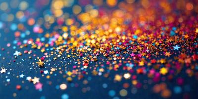 The primary subject of the image is a close-up of a colorful confetti pattern, which is a digital artwork. The setting is a dark background, and the visual style is a mix of digital art and illustration. The dominant colors in the image are gold, pink, and blue, creating a vibrant and lively atmosphere.