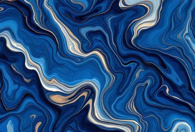 The primary subject of the image is a blue and white patterned surface, which appears to be a painting or a digital artwork. The setting is a blue background, and the visual style is a combination of photo and digital art. The colors and mood of the image are predominantly blue and white, creating a calm and serene atmosphere.
