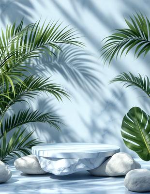 The primary subject of the image is a white marble table with a round shape, placed in a tropical setting. The table is surrounded by several large rocks, creating a unique and visually appealing display. The setting features a blue wall and a backdrop of palm trees, which adds to the tropical atmosphere. The visual style of the image is a combination of photo and digital art, creating a realistic yet artistic representation of the scene. The colors and mood of the image are predominantly blue and green, with a sense