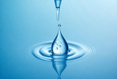 The primary subject of the image is a single drop of water, which is captured in mid-air. The setting is a blue background, which adds to the overall visual style. The image is a photo, showcasing the water drop in its natural form. The colors are predominantly blue, creating a calm and serene atmosphere.