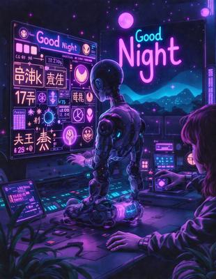 The primary subject of the image is a robot, which is sitting in front of a computer screen. The robot is wearing a suit and appears to be working or interacting with the computer. The setting is a futuristic environment, with the robot and computer screen being the main focus of the image. The visual style is a combination of digital art and illustration, creating a unique and intriguing scene. The colors and mood of the image are predominantly purple, giving it a futuristic and mysterious atmosphere.
