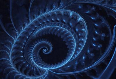 The primary subject of the image is a blue spiral pattern, which appears to be a digital art or illustration. The setting is a dark background, which contrasts with the blue spiral. The visual style is a combination of digital art and illustration, creating a unique and intricate design. The colors and mood of the image are predominantly blue, giving it a calm and serene atmosphere.