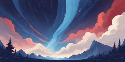 The primary subject of the image is a beautifully drawn picture of a cloudy sky with a blue and red hue. The setting is a mountainous landscape, with the sky serving as the backdrop. The visual style is a combination of digital art and illustration, creating a captivating and artistic representation of the scene. The colors and mood of the image are vibrant and dynamic, with the blue and red tones evoking a sense of warmth and energy.